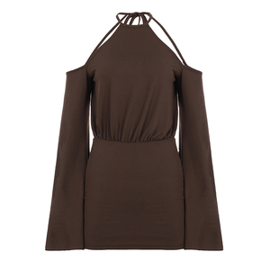 Women‘s Halter Neck Backless Bodycon Dress, <b>Long</b> Sleeve Flared Cuff Low Waist <b>Slip</b> Dress, Elegant Sexy Party Clubwear - Product Image 6