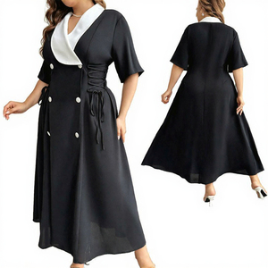XL-4XL Summer French <b>Vintage</b> <b>Style</b> Elegant Plus Size Women's Solid <b>Tea</b>-Length A-Line <b>Dress</b> Black White V-neck Tie Waist Slimming - Product Image 3
