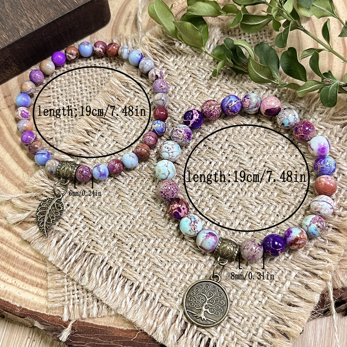 Ensemble de bracelets en jaspe de mer impérial violet de 6 mm et 8 mm