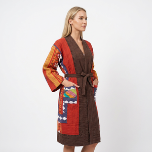 Handmade Nonwoven <b>Quilted</b> Cotton Kantha <b>Jacket</b> Japanese Kimono Style Winter Wrap Coat Floral <b>Pattern</b> Long Length Patchwork - Product Image 2