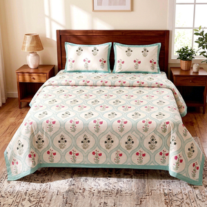 Hand Block Printed <b>Floral</b> Cotton Bed Cover Set 200TC Wrinkle Resistant Washable <b>Quilt</b> Set for Home Hotel - Product Image 1