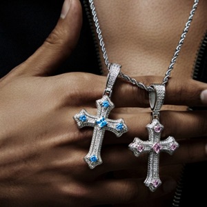 Cross Pendant Necklace With Blue And Pink Zircon Stones Micro Insert Unisex Everyday Wear Geometric Design - Product Image 3