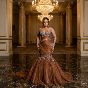 Vestidos de Noche Formales de Lujo para Mujer, Talla Grande, Color Chocolate, Estilo Sirena, Largos hasta el Suelo, con Cuentas y Pedrería, 2024 - Product Image 3