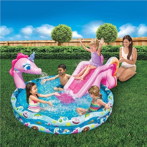 Inflatable Unicorn Pool With Slide And Fountain 200cm Outdoor Kids Water Play Toy For Home Garden Use - Product Image 1