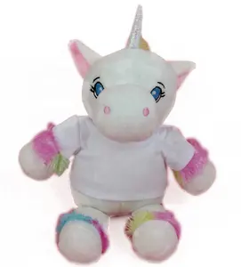 Brinquedo de unicórnio de pelúcia personalizado, brinquedo macio de unicórnio de pelúcia com camisa para impressão de subolmação