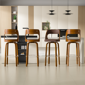 Tabourets de bar, tabourets de bar pivotants à hauteur réglable en bois courbé 2 en 1, siège en bois/ cuir avec dossier et repose-pieds - Product Image 1