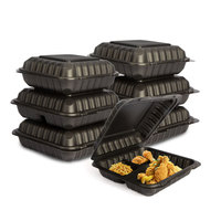 Boîte à lunch bento écologique noire de haute qualité pour poulet frit, type coquille, 3 compartiments, conteneur jetable pour la restauration rapide, à vendre