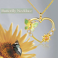 Collier pendentif coeur fleur zircon papillon en émail plaqué or en argent sterling S925