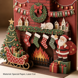 Carte de Noël 3D Pop-up au design original ZS-PC0228, cheminée, sapin, traîneau du Père Noël, chaussettes, chat, découpée au laser - Product Image 4