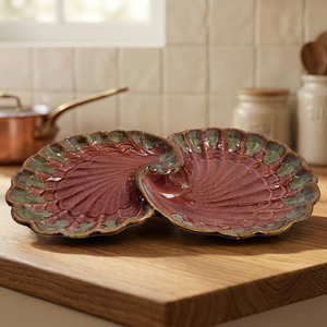 Ensemble de plats de service en céramique en forme de coquille, glaçure rouge et verte, design vintage, passe au lave-vaisselle, vaisselle pour usage quotidien - Product Image 1