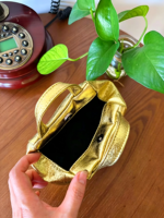 Pochette de maquillage portable en similicuir craquelé doré métallisé avec fermeture éclair, grande capacité, mini sac cosmétique à main