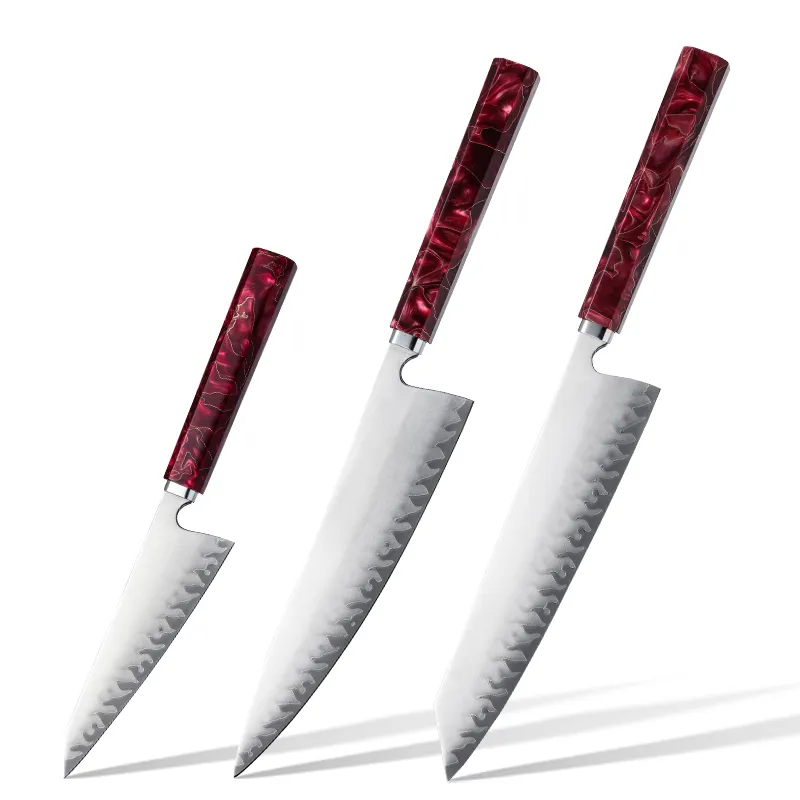3 buah Set pisau koki dapur besi tahan karat karbon tinggi buatan tangan pisau koki Kiritsuke Garasuki Resin merah dan pegangan kain tembaga