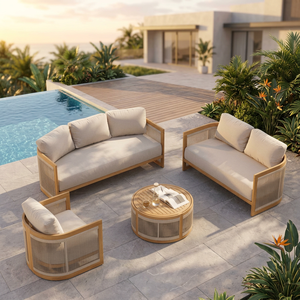 Modern Outdoor Teak <b>Sofa</b> <b>Set</b> with Waterproof Cushions Customized Colors for Courtyard Garden Hotel Use Contemporary Design - Product Image 3