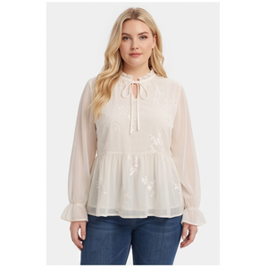 Blusa de Mujer Blanca con Bordado Floral, Cuello con Volantes, Manga Campana, 100% Poliéster, Corte Holgado, Estilo Chic de Primavera - Product Image 5