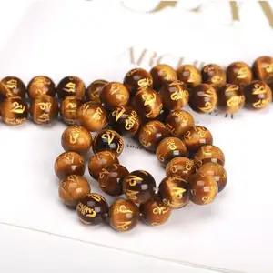 Großhandel Buddhist Six Words Mantra Tigerauge Stein perlen Größe 8mm 10mm 12mm 14mm DIY