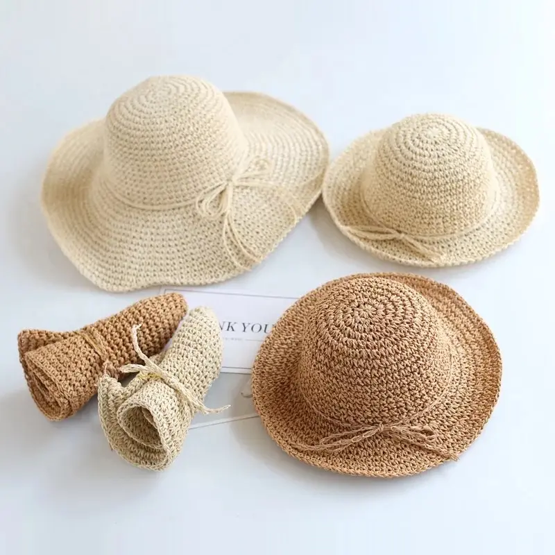 2022 Custom Folding Straw Hats Wide Brim Summer Beach Large Floppy Hat for mommy and kids