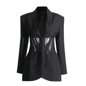 TWOTWINSTYLE Patchwork Pearls Casual Blazers V Neck Long Sleeve Vintage Blazers Ladies Women