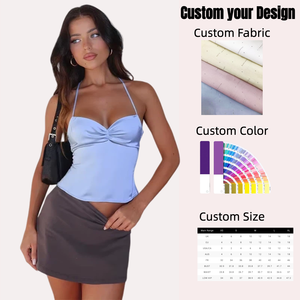 セクシーストラップクロップトップウーマンボウホルターVネックベーシックキャミノースリーブサテンチューブタンクトップ女性夏キャミソール - Product Image 1