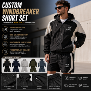 Custom Windbreaker <b>Short</b> Set Men Hooded Color Block <b>Jacket</b> And Quick Dry <b>Shorts</b> Water Resistant Lightweight Sports Outfit - Product Image 1