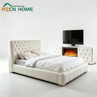 Ensemble de chambre à coucher en cuir blanc de qualité supérieure, cadre de lit capitonné en diamant avec meuble TV intégré pour maison moderne de luxe, hôtel, villa