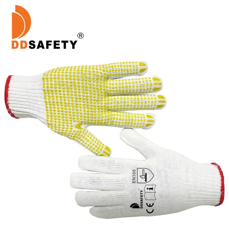 Trabalho Luvas PVC Grip-Amarelo Poliéster Algodão De Malha, Segurança Gripped Dot Luva Antiderrapante para Construção