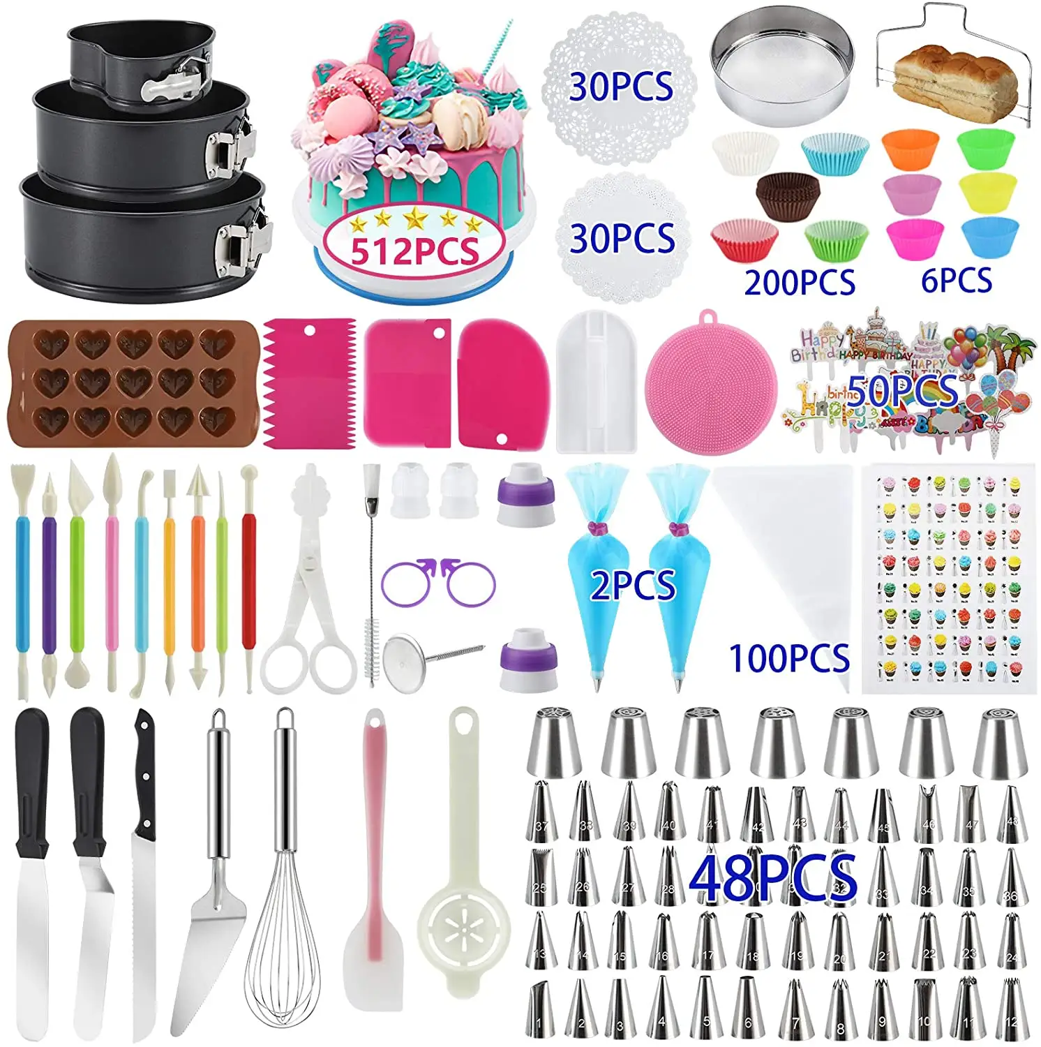 512Pcs Cake Decorating Kit with Non-Slip Cake Turntable Baking Supplies Baking Set for Beginners and Cake Lovers