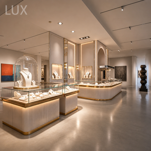 Vitrine à bijoux incurvée moderne avec éclairage LED, en verre trempé robuste et métal, pour magasin de bijoux - Product Image 4