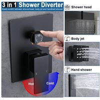 Robinet thermostatique moderne triple fonction en laiton avec inverseur de douche, vanne d'eau chaude et froide, finition noir mat, à fixation murale
