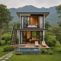 Cabine mobile en structure acier avec grandes fenêtres, terrasse sur le toit et espace de vie extérieur flexible