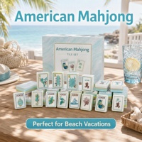 Ensemble de Mahjong américain côtier en acrylique avec dos marbré aqua et tuiles à points coquillages pour les propriétaires de maisons de plage et les clubs sociaux