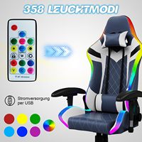 Chaise de jeu Racer, chaise VR, bande lumineuse LED RGB bleue, coussin lombaire massant, chaise d'ordinateur inclinable en cuir PU, appui-tête pivotant