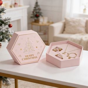 Caja de Regalo Hexagonal Rosa para Joyería con Diseño Navideño en Dorado, Empaque Rígido para Juego de Collar, Pendientes, Anillo y Pulsera - Product Image 3