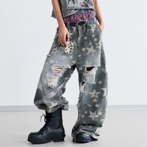 Jeans amples et décontractés pour hommes, style vintage délavé, motif étoile personnalisé, effet usé et déchiré, coupe scimitar, vente en gros - Product Image 5