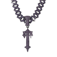 Chaîne cubaine noire glacée de 15mm Style Hip Hop en alliage de zinc violet strass épée pendentif collier
