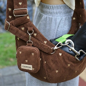 Sac de transport pour animaux de compagnie en velours côtelé brodé cœur, personnalisé OEM, avec laisse, pour chien, mains libres, petit sac de voyage pour chat, sac de promenade - Product Image 3
