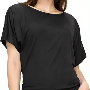 Women's Solid Short Sleeve Boat Neck V Neck Dolman Top with Side Shirring-Made in U.S.A.