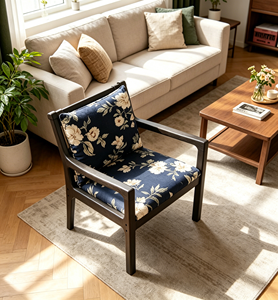 Fauteuil moderne en bois massif de style mid-century avec revêtement floral bleu marine pour salon, chaise de détente, mobilier de maison - Product Image 6