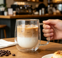 Mug en verre borosilicate à double paroi fait main, design moderne, durable, anti-fuite, corps de tasse arrondi, grande poignée