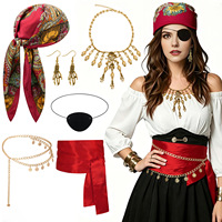Ficino Set Pesta Bola Halloween Lintas Batas, Syal Kepala, Sabuk, Kalung, Penutup Mata, Aksesoris Kostum Bajak Laut Cosplay, Kain Merah