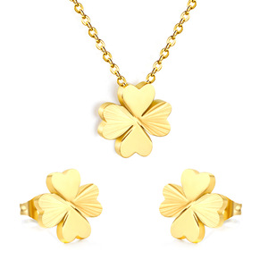 ชุดเครื่องประดับรูปใบโคลเวอร์สี่แฉก ชุบทอง สร้อยคอและต่างหูสแตนเลสสตีล สำหรับผู้หญิง สวมใส่ได้ทุกวัน ดีไซน์รูปทรงพืชทันสมัย - Product Image 1