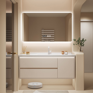 Meuble-lavabo intégré en céramique Liang Jie, couleur café au lait, avec armoire en aluminium nid d'abeille et miroir lumineux, design intelligent - Product Image 1
