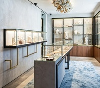 Vitrine à bijoux moderne minimaliste en béton et bois, vitrine en verre haut de gamme avec éclairage LED pour les boutiques de bijoux haut de gamme