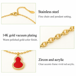 Collier pendentif gourde en acrylique rouge, acier inoxydable, zircon, plaqué or 14K sous vide, chaîne réglable 41+6 cm - Product Image 4
