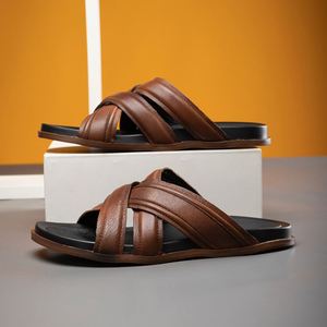 Sandales noires en cuir véritable à brides croisées, style classique, à bout ouvert, tongs d'été avec semelle antidérapante en EVA - Product Image 3