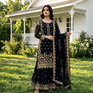 Conjunto de Kurti y Palazzo Negro Bordado, Salwar Kameez de Georgette Sintética con Dupatta para Bodas y Fiestas, para Mujer - Product Image 1