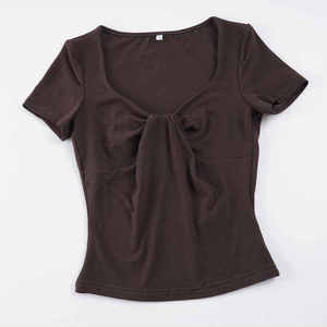 T-shirt court gris foncé pour femme, col en V profond, torsadé devant, froncé, manches courtes, coupe ajustée, sexy, décontracté, basique, Nouveauté 2026 - Product Image 6