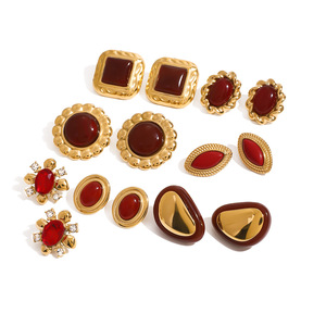 Fashion Stud <b>Earrings</b> Bezel Setting <b>Red</b> Agate Zinc Alloy Geometric Flower Shape Stainless Steel Ear Post Party Jewelry - Product Image 1