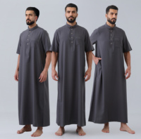 Qamis saoudien respirant à manches courtes avec patte de boutonnage pour homme musulman, robe arabe islamique Dishdasha pour la prière et le quotidien