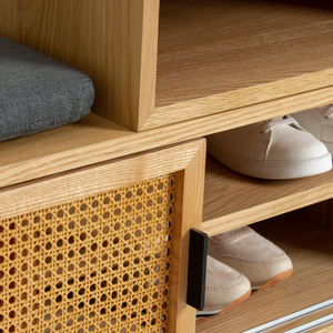 Nature <strong>Small</strong> Entryway Shoe <strong>Bench</strong> with <strong>Bench</strong> with 2 Rattan Sliding Doors and Metal Legs for <strong>Hallway</strong> - Product Image 3