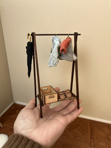 Miniature Dollhouse Wooden <b>Clothing</b> Rack With Shelf And <b>Hangers</b> For Home Decoration 1:12 1:6 Mini Model Outfits Display - Product Image 2